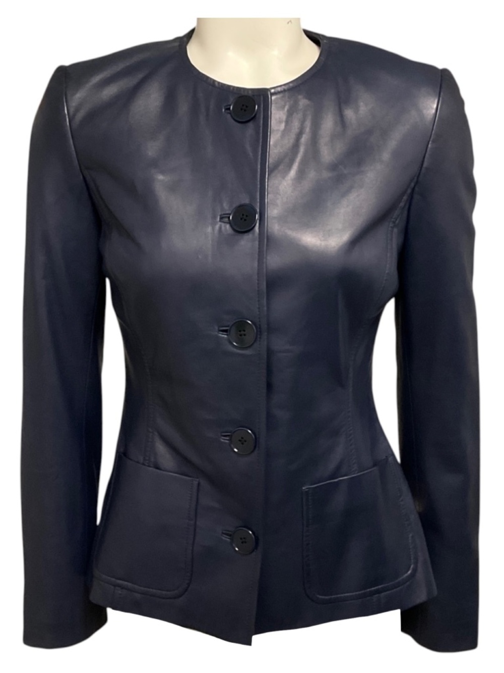 RALPH LAUREN BLACK LABEL NAVY BLUE BUTTON FRONT LAMB LEATHER JACKET